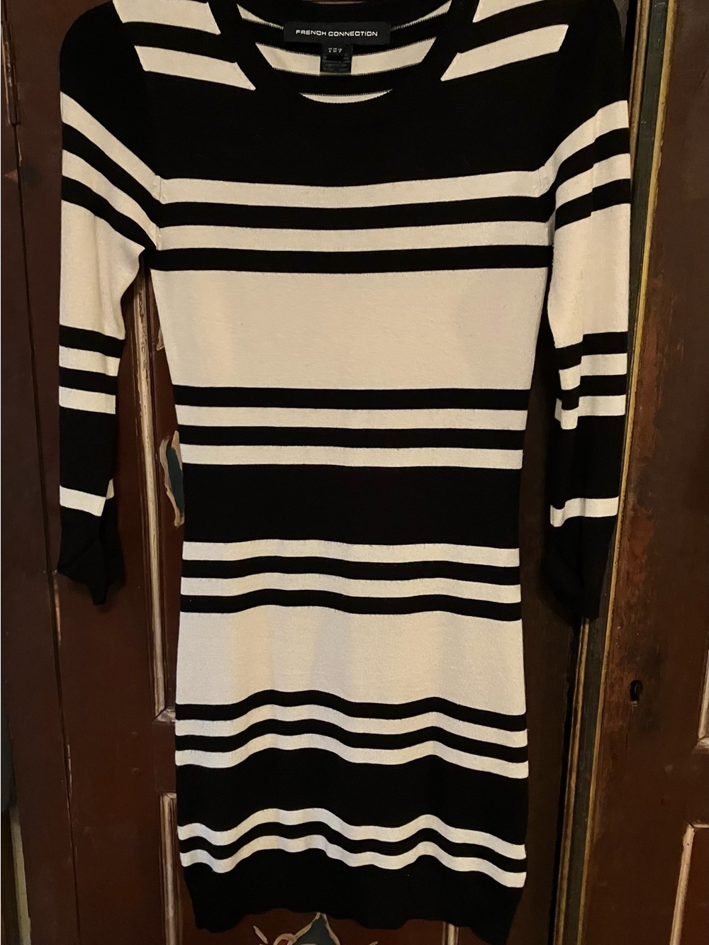 French Connection Black and White Striped Long-Sleeve Knit Dress